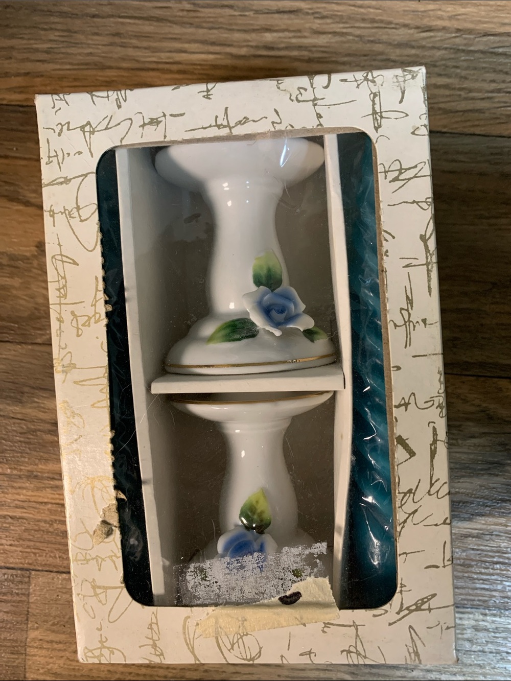 NIB Porcelain Blue Rose Decorative Holders with candles - White and Blue